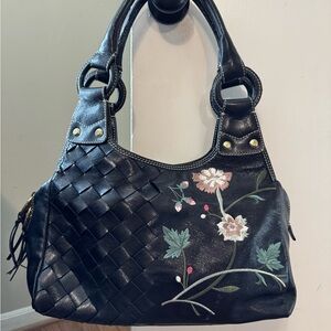 RARE Luana Embroidered Black Leather HandBag with Tassels and Green Interior